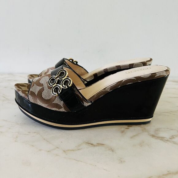 COACH Geri Black Brown Logo Print Canvas Wedge Heel Platform Sandals - US 8.5 - Picture 5 of 8